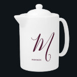 Artfully Monogrammed Script Letter M Burgundy Teapot<br><div class="desc">Your monogram and name featured in modern elegant burgundy fonts,  are set over a white background. Additional colors are available and you can also change the font color yourself,  using the edit menu. This design can represent your first name or family name. Makes a wonderful gift!</div>