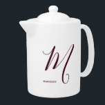 Artfully Monogrammed Script Letter M Burgundy Teapot<br><div class="desc">Your monogram and name featured in modern elegant burgundy fonts,  are set over a white background. Additional colors are available and you can also change the font color yourself,  using the edit menu. This design can represent your first name or family name. Makes a wonderful gift!</div>