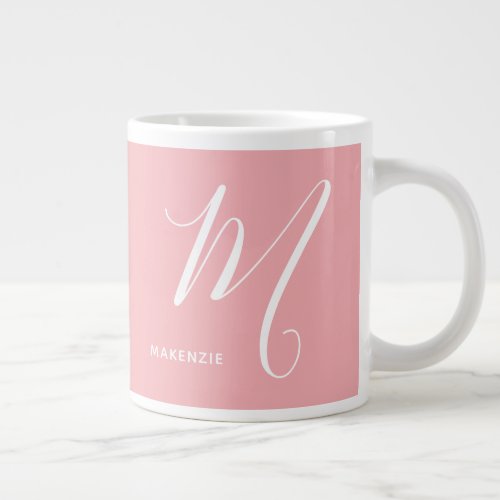 Artfully Monogrammed Script Letter M Coral Pink Giant Coffee Mug