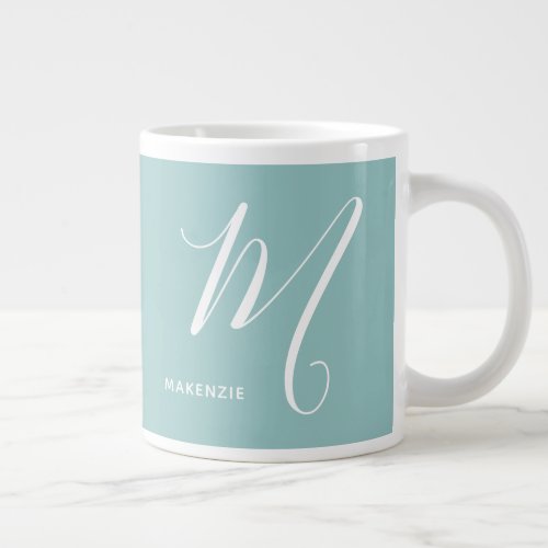 Artfully Monogrammed Script Letter M Sea Green Giant Coffee Mug