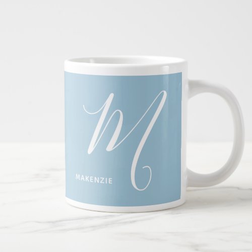 Artfully Monogrammed Script Letter M Soft Blue Giant Coffee Mug