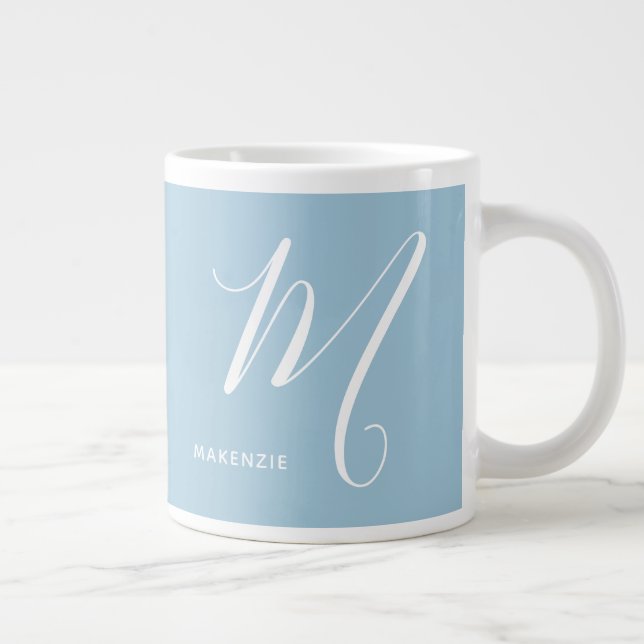 Artfully Monogrammed Script Letter M Soft Blue Giant Coffee Mug (Right)