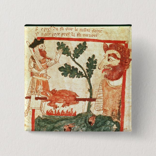 Arthur meets the giant roasting a pig on a pinback button (Front)