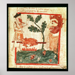 Arthur meets the giant roasting a pig on a poster