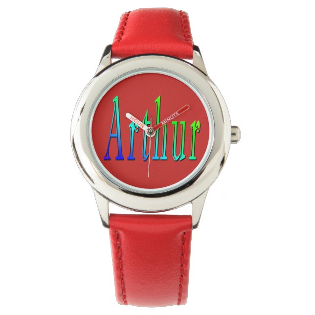 Arthur, Name, Logo, Boys Red Leather Watch. Watch (Front)