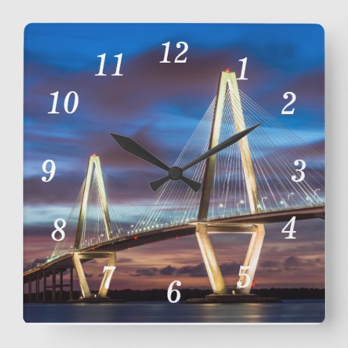 Arthur Ravenel Bridge At Night Square Wall Clock