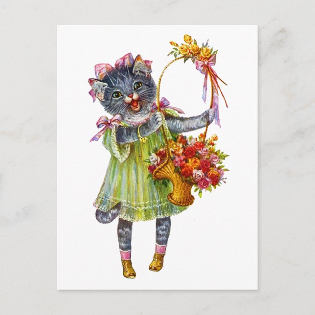 Arthur Theile Kitty Cat with Flower Basket Postcard (Front)