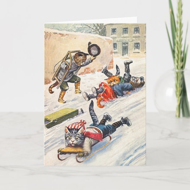 Arthur Thiele - Bobsledding Anthropomorphic Cats Holiday Card (Front)