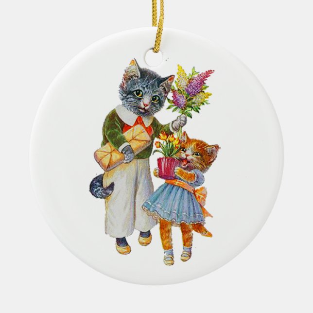 Arthur Thiele Cats Bearing Gifts Ceramic Ornament (Front)