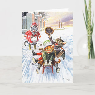 Arthur Thiele - Cats Going Downhill Snow Sledding Holiday Card