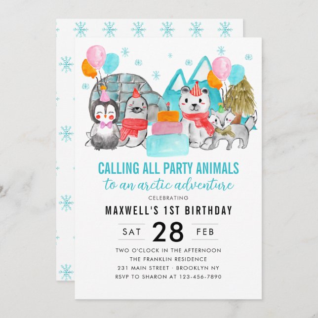 Artic Adventure Calling Party Animals Birthday Invitation (Front/Back)