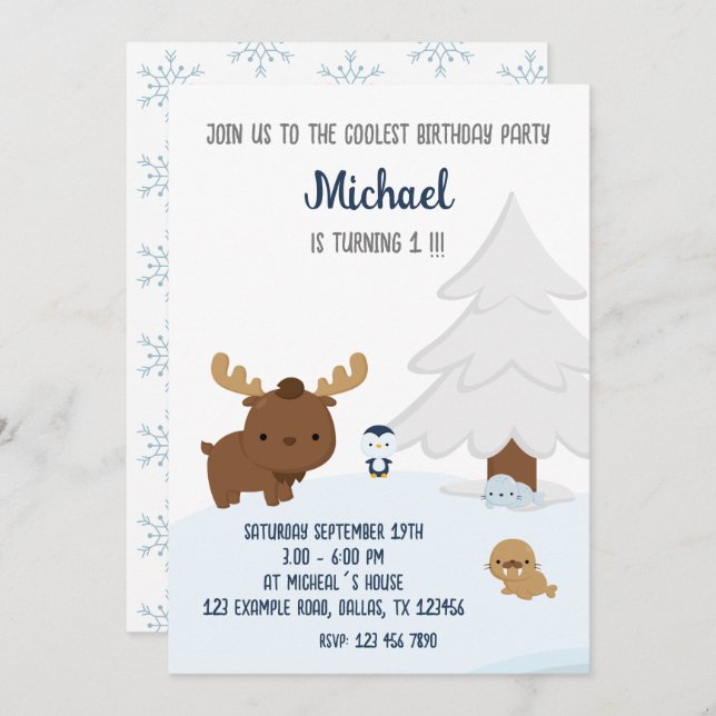 Artic Animals, Winter Animals Birthday Invitation (Front/Back)