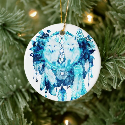 Artic Fox Dreamcatcher Ice Blue Floral Ceramic Ornament