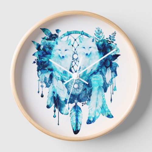 Artic Fox Dreamcatcher Ice Blue Floral Clock