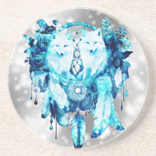 Artic Fox Dreamcatcher Ice Blue Floral Coaster