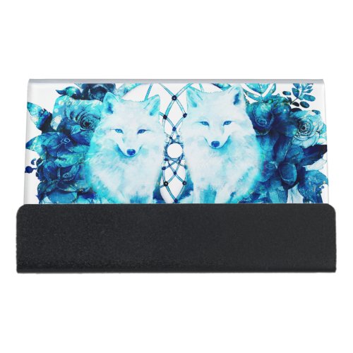 Artic Fox Dreamcatcher Ice Blue Floral Desk Business Card Holder