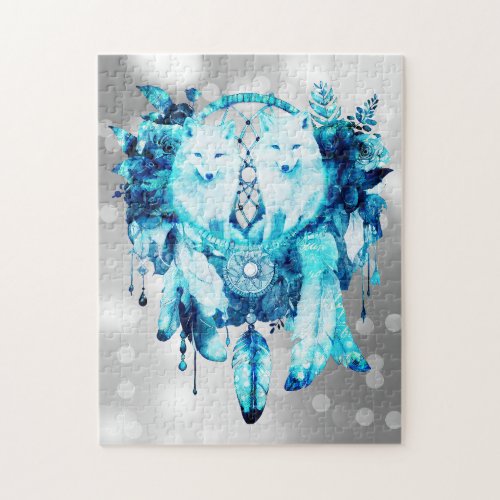 Artic Fox Dreamcatcher Ice Blue Floral Jigsaw Puzzle