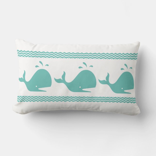 Artic Teal Blue Whale Stripe  coastal Nautical  Du Lumbar Pillow (Front)