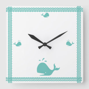 Artic Teal Blue Whale Stripe coastal Nautical Square Wall Clock