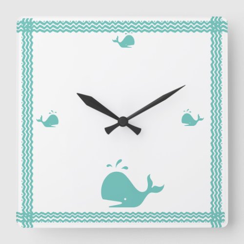 Artic Teal Blue Whale Stripe  coastal Nautical Square Wall Clock