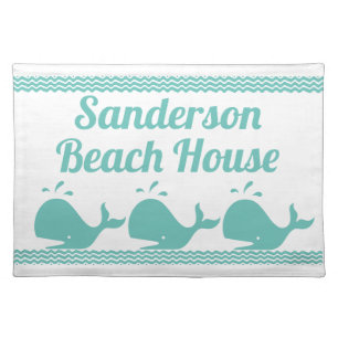 Artic Teal Blue Whale & waves Blue & White coastal Cloth Placemat
