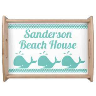 Artic Teal Blue Whale & waves Blue & White coastal Serving Tray