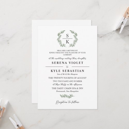 Artichoke Green Laurel Wreath Monogram Wedding Invitation