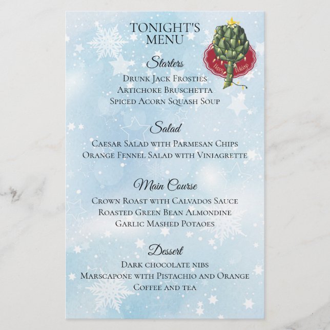 Artichoke tree Christmas holiday dinner menu (Front)