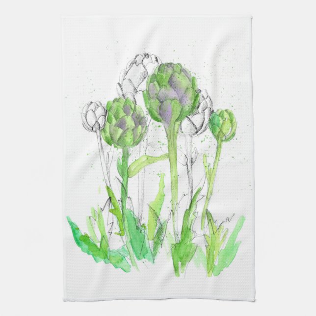 Artichoke Vegetable Garden Watercolor Botanical Kitchen Towel (Vertical)