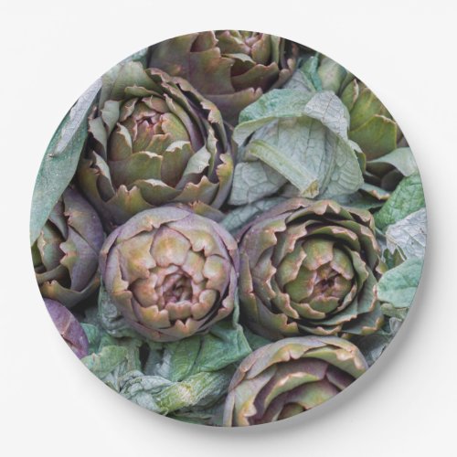 artichokes at market  paper plates