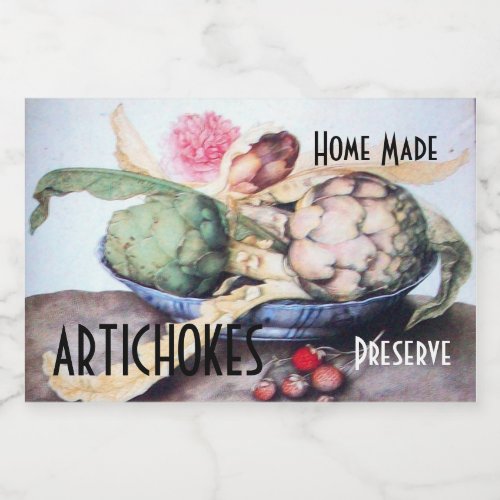 ARTICHOKES PLATE WITH ROSE  STRAWBERRIES Preserve Food Label