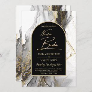 Artículo de boda negro y dorado, bilingüe invitation