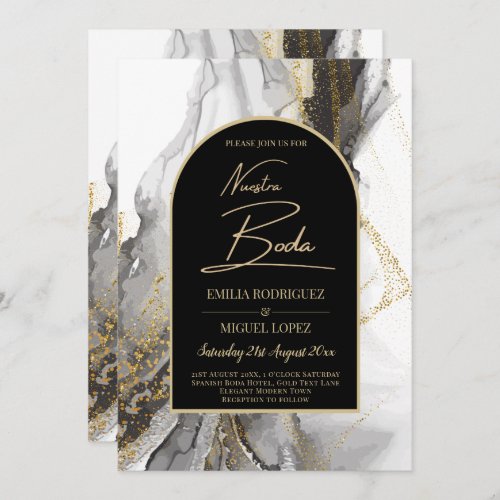Artculo de boda negro y dorado bilinge invitation