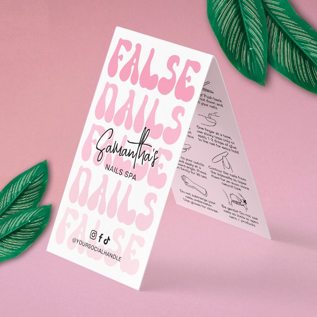 Artificial Fake Nails Care Instructions Retro Pink Business Card (Fake nails aftercare instructions cards with care icons and trendy fonts)