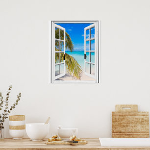 Artificial Window Palms and Beach Ocean View Poster