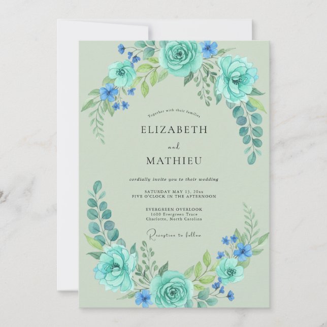 Artisan Aqua Mint Leafy Wedding Invitation (Front)