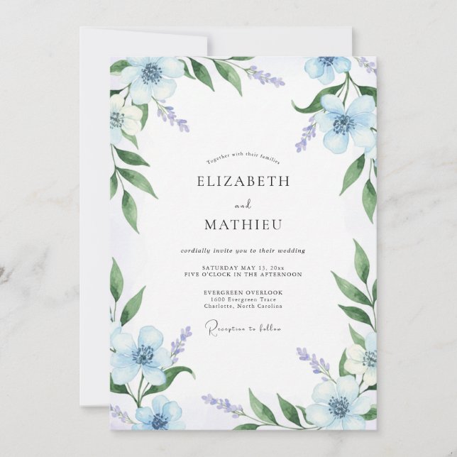 Artisan Azure Painted Foliage Wedding Invitation (Front)