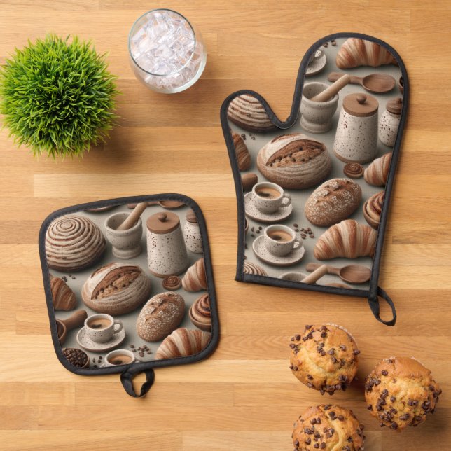 Artisan Bakery Still Life Pattern with Bread Oven Mitt & Pot Holder Set (Top Down)