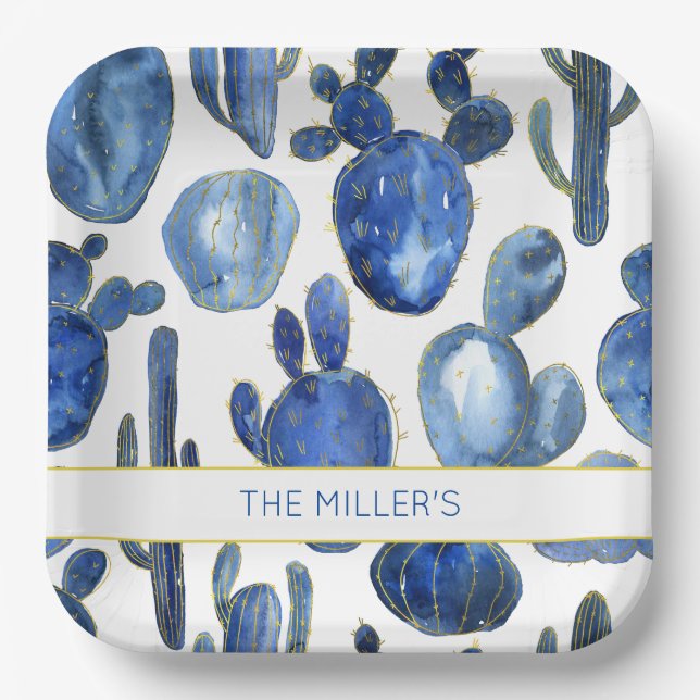 Artisan Blue Gold Cactus Desert NAME Watercolors Paper Plates (Front)