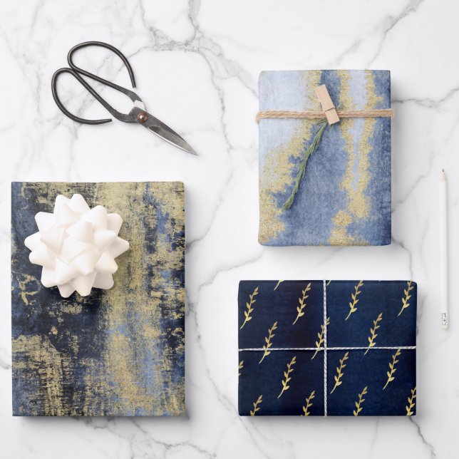 Artisan Blue & Gold Painted Wrapping Paper Sheets (Front)