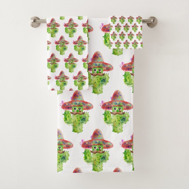 Artisan Cactus Mustache Hat Eyes Kids Fun  Bath Towel Set (Insitu)