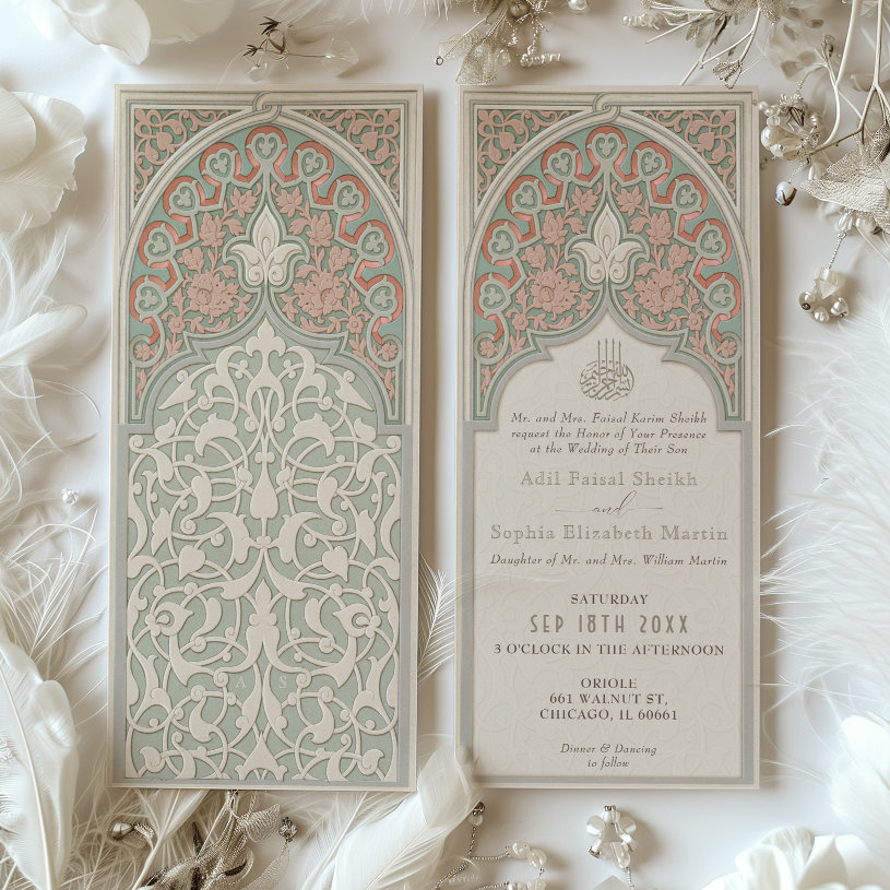 Artisan Coral and Sage Islamic Lace Wedding                    Invitation