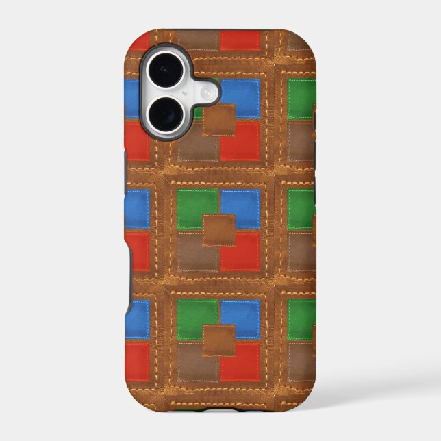 Artisan Elegant Leather Look Squares Patchwork Iphone Case (Back)
