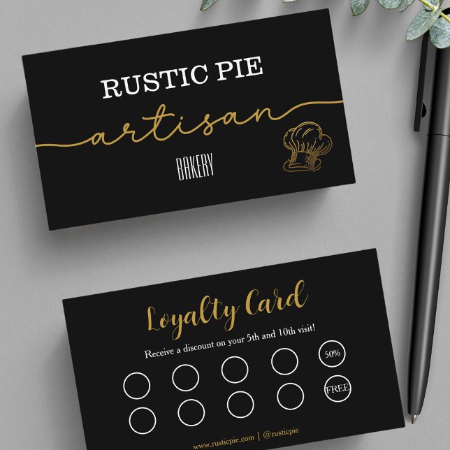  Artisan Gold Baker Bakery Chef Hat Catering Black Loyalty Card (Creator Uploaded)