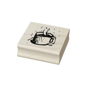 Artisan Linocut Style Coffee Cup Illustration Rubber Stamp
