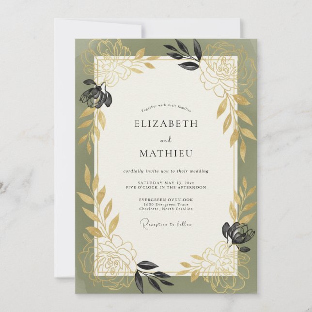 Artisan Olive Charcoal Leafy Wedding Invitation (Front)