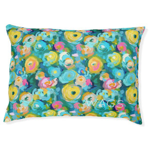 Artisan Painted Flowers Pet NAME Colorful Decor Pet Bed