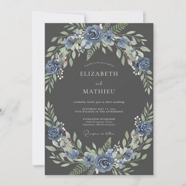 Artisan Slate Azure Wreath Wedding Invitation (Front)