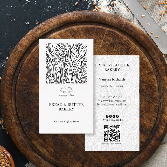 Artisan Sourdough Wheat Pattern Bakery Logo QR  Business Card (Creator Uploaded)