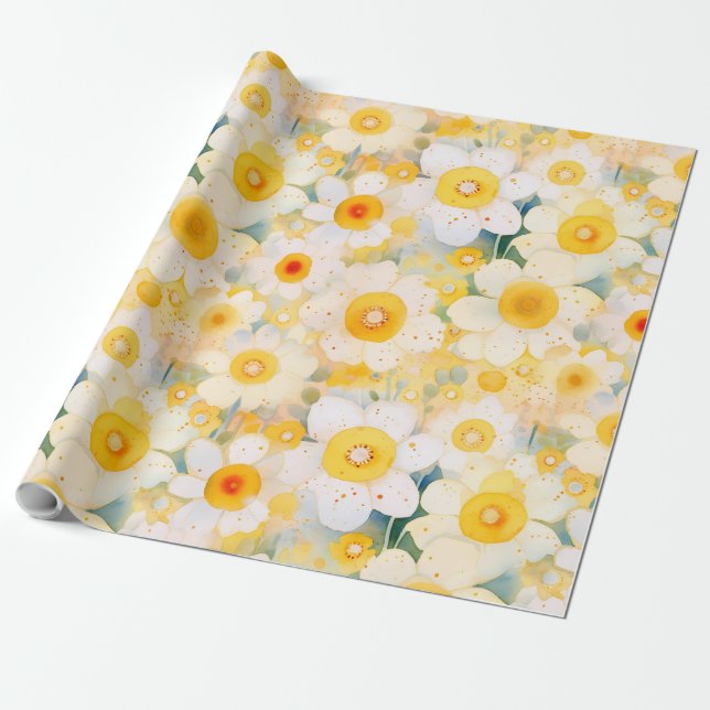 Artisan Wildflowers Yellow Orange White Happy Fun Wrapping Paper (Unrolled)